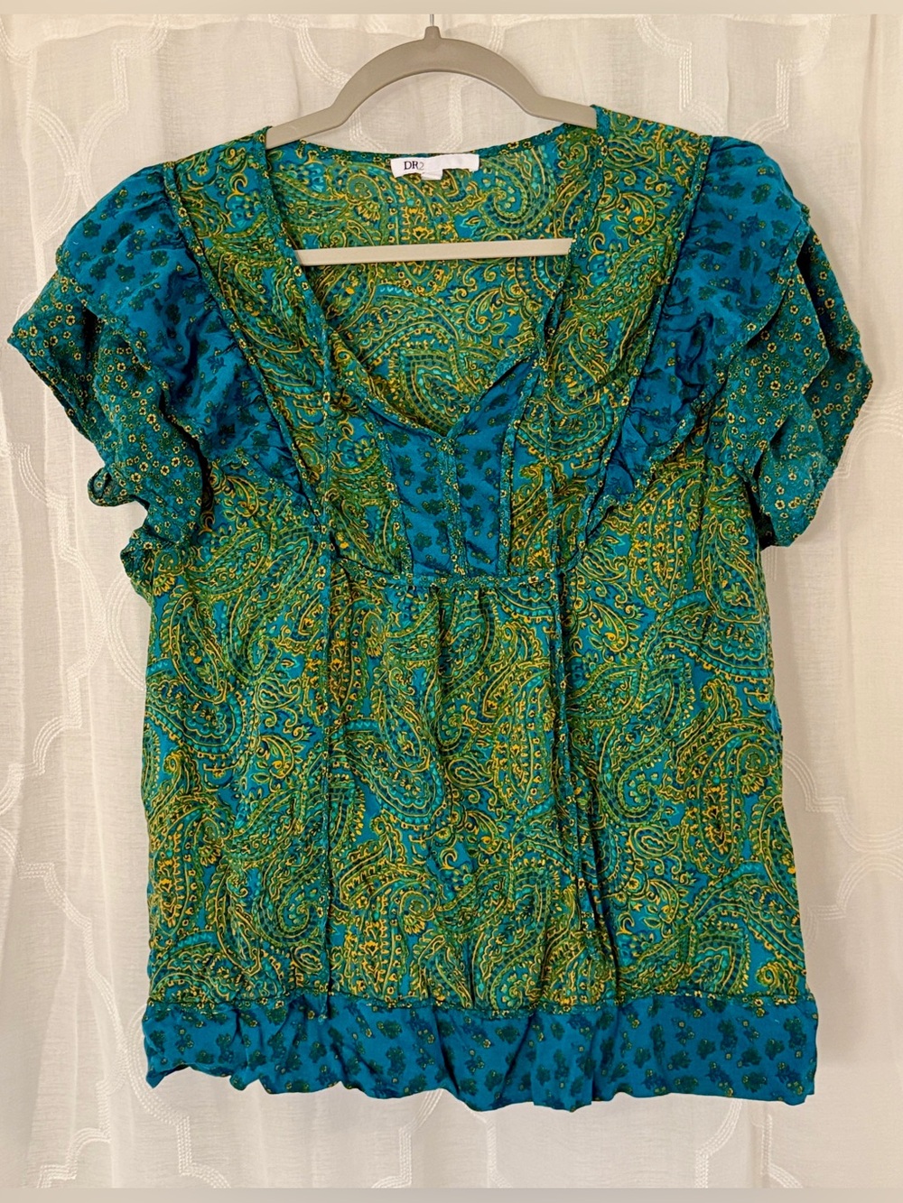 DR2 XL Teal Green Paisley Flutter Sleeve Boho Tunic Blouse Top